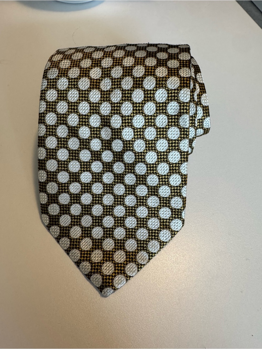Brioni Gold White Polka Dot Silk Neck Tie